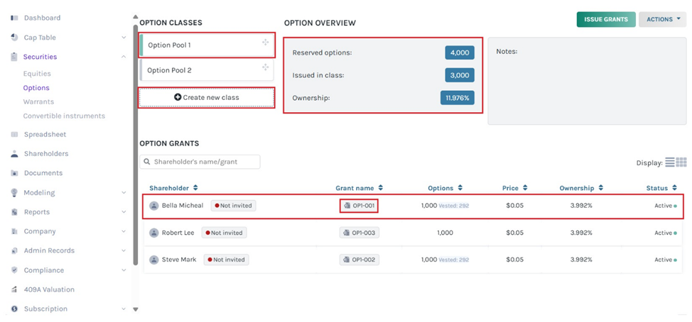 click the option class created
