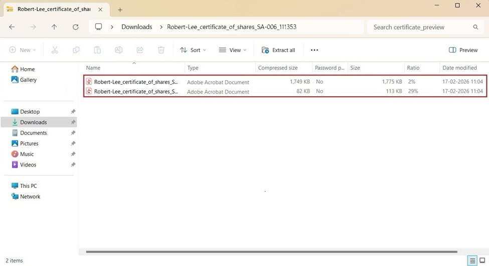 downloaded certificate in PDF format