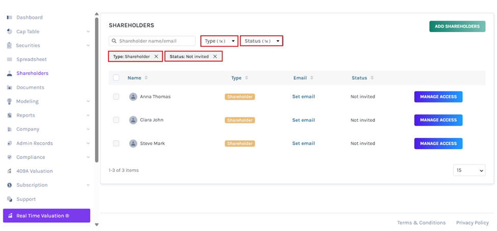 options for the filter are Shareholder and Not Invited