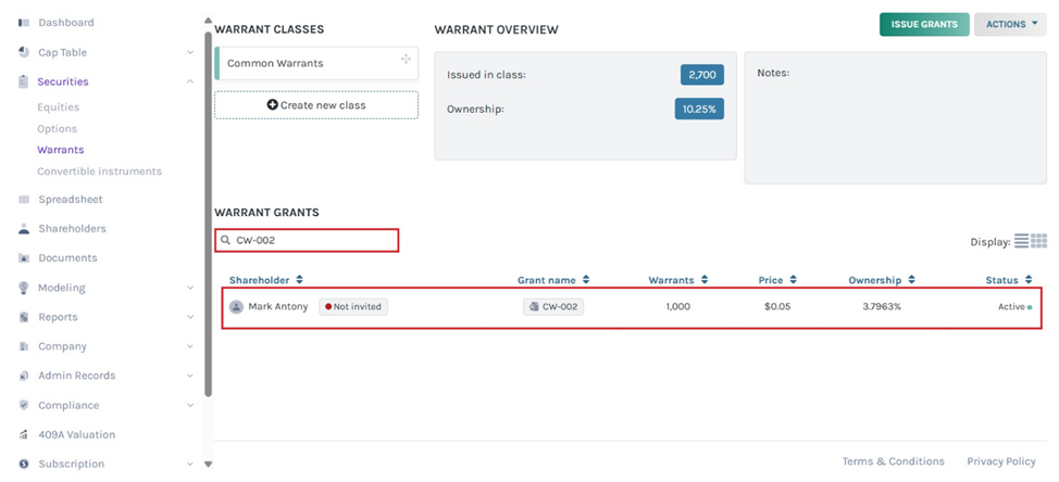 shareholder by warrant grant name