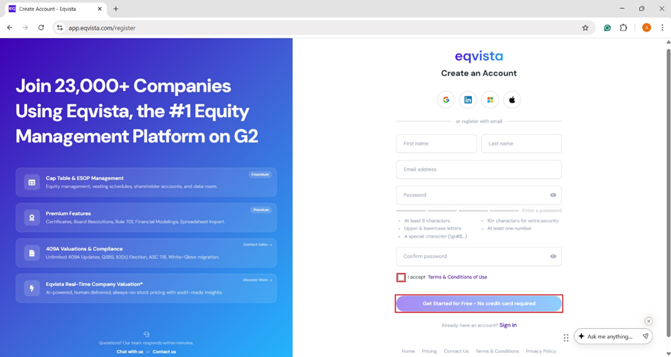 Eqvista signup 