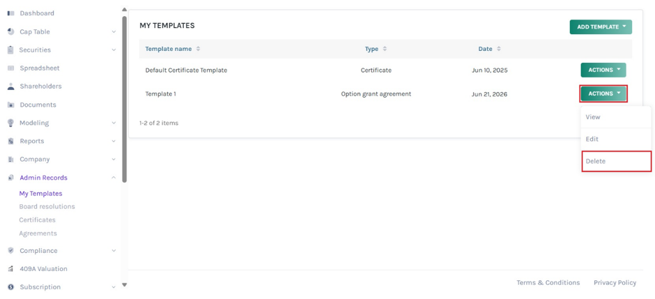 delete the option agreement template