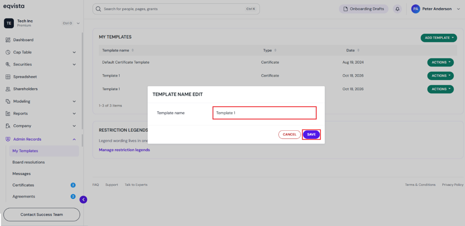 pop-up panel appears to edit the template name