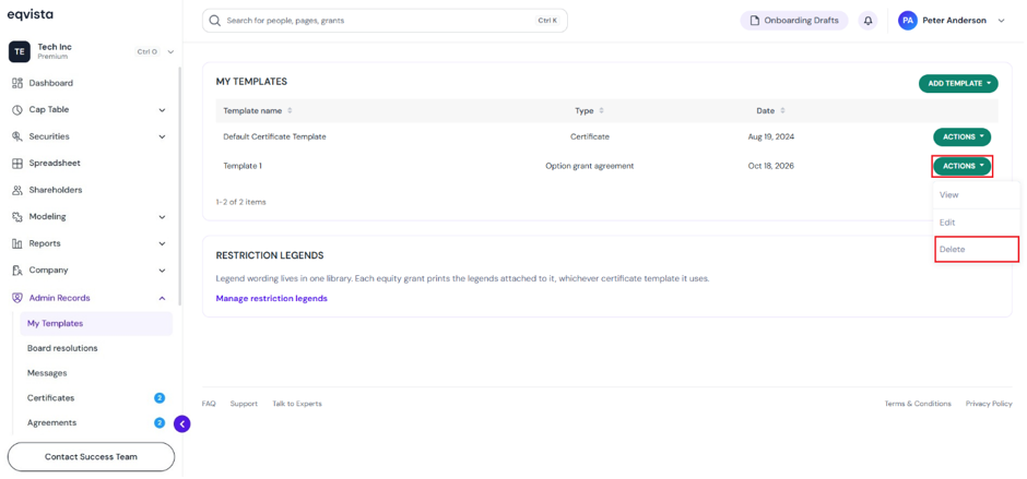 delete the option agreement template