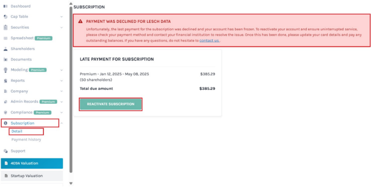 premium subscription that was declined