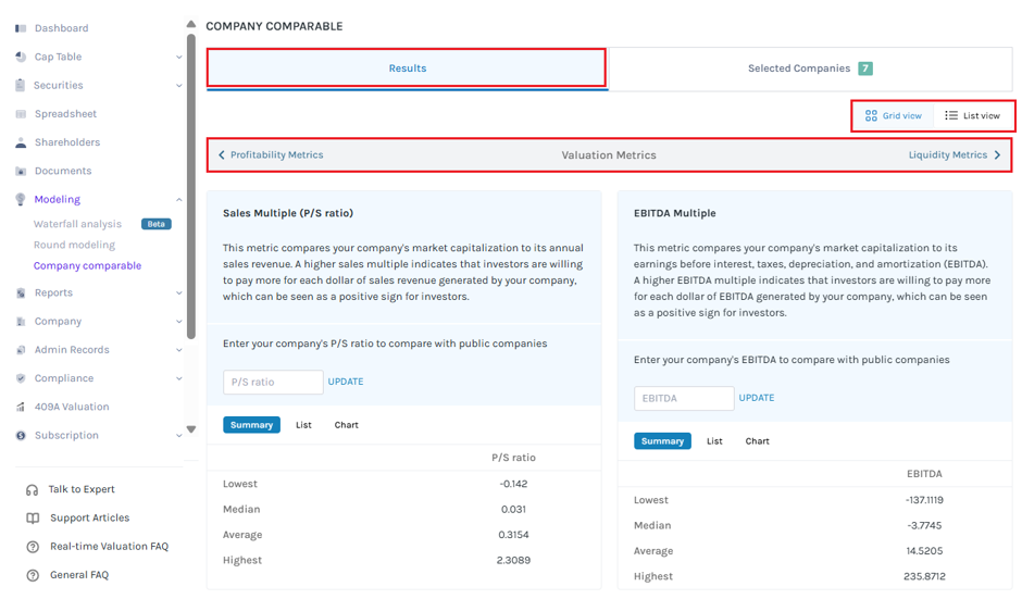 displaying the various metrics to compare with selected public companies.