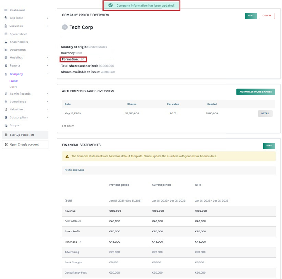 details of the company including the type “LLC”