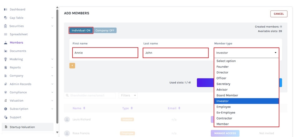 add the details of the member 