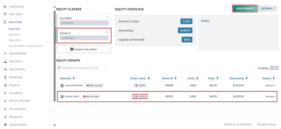 equities page where you can see the issuance under the equity class
