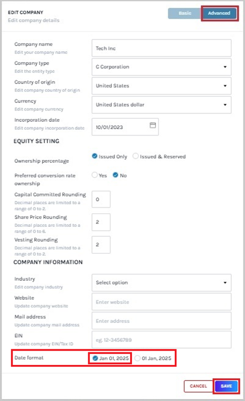 select the data format