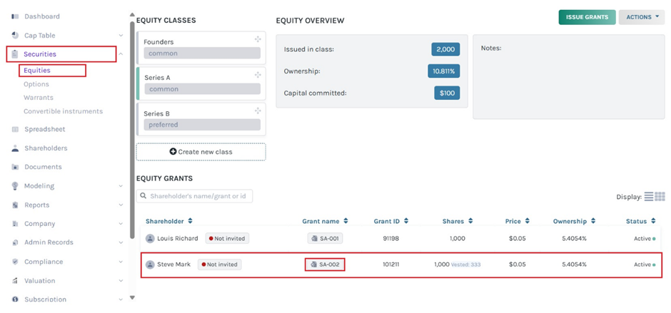 click the grant name to view the equity grant details