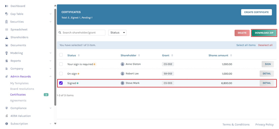 download (signed) share certificates