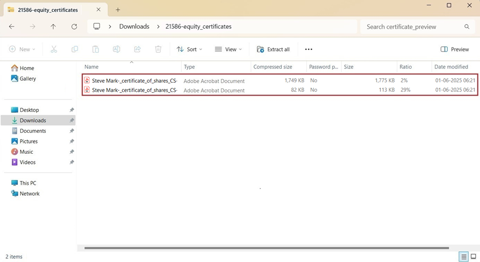 Double-click the zip folder to open the certificate downloaded in PDF format