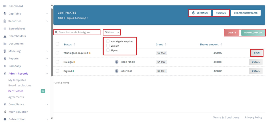 list of created certificates