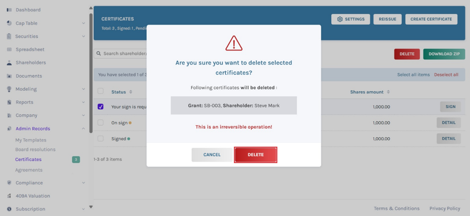 delete the certificate
