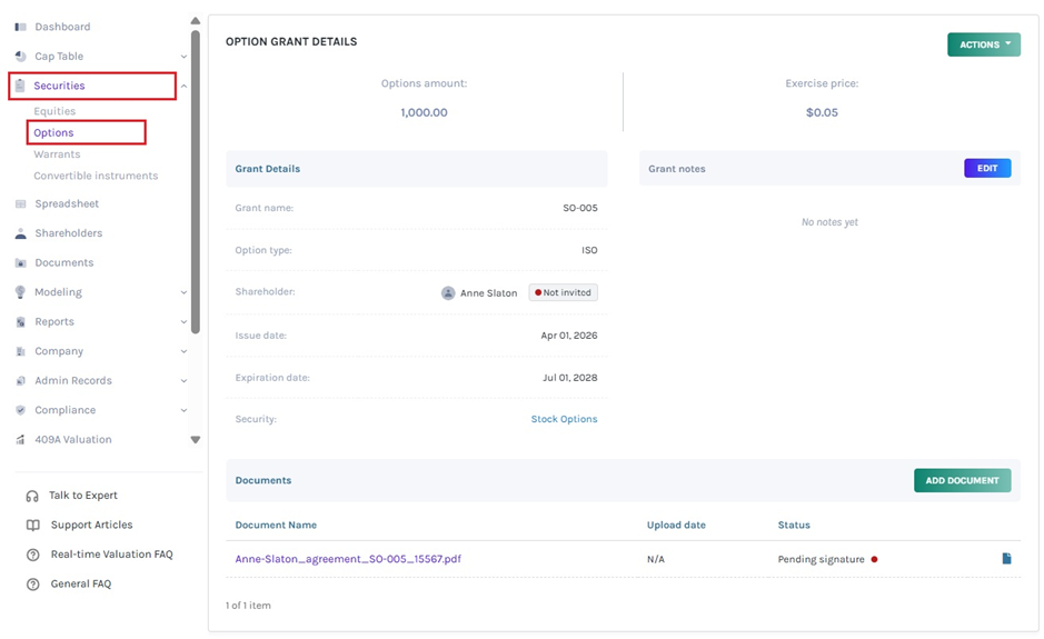 option grant details