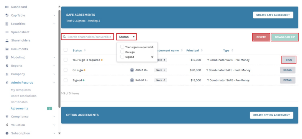 SAFE agreements and option agreements
