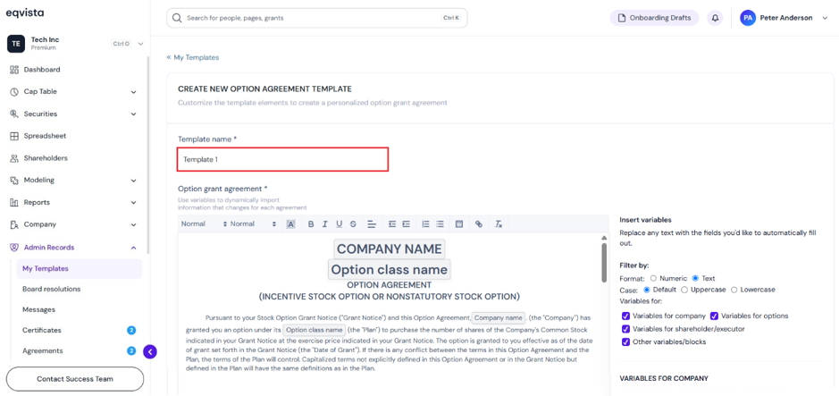 enter the template’s name