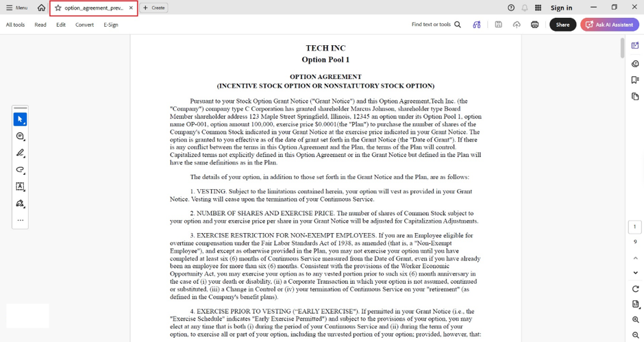 open the downloaded option agreement