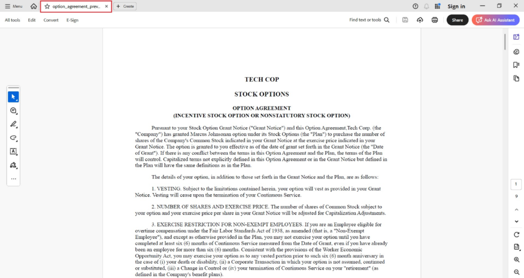 open the downloaded option agreement