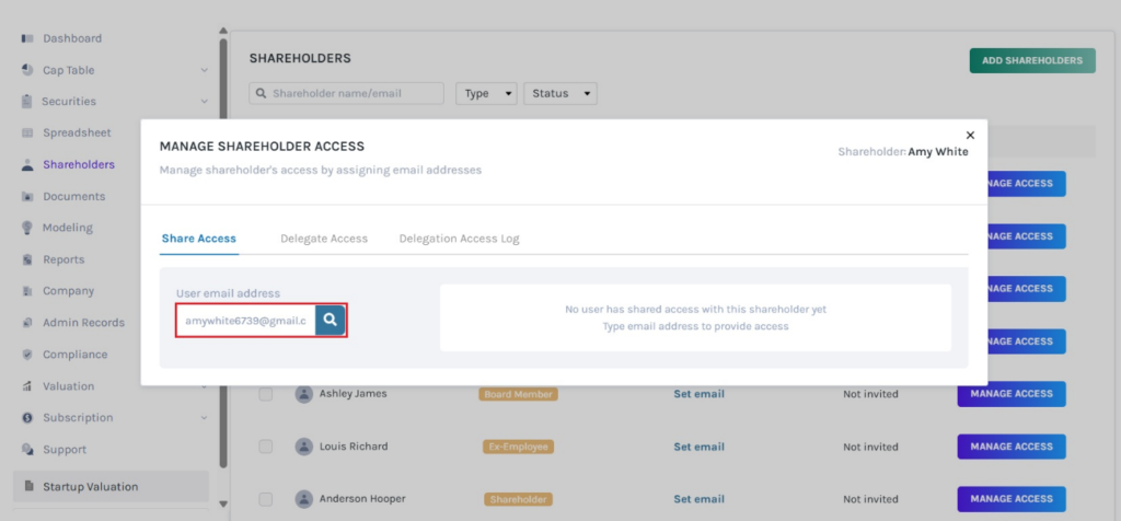 type in the email address of the shareholder,