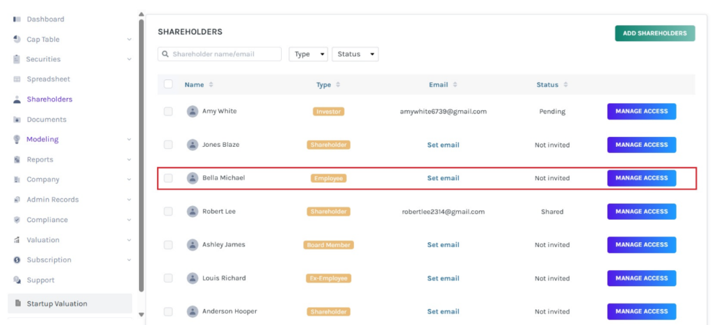 clicking on the shareholder’s name