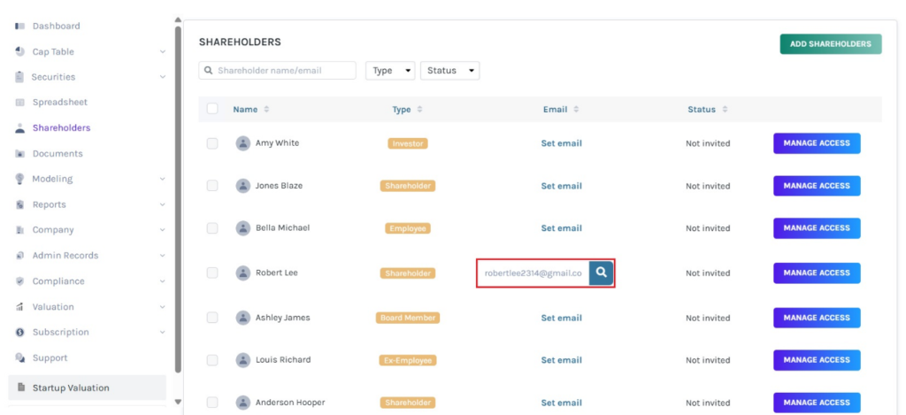 type in the email address of the shareholder 