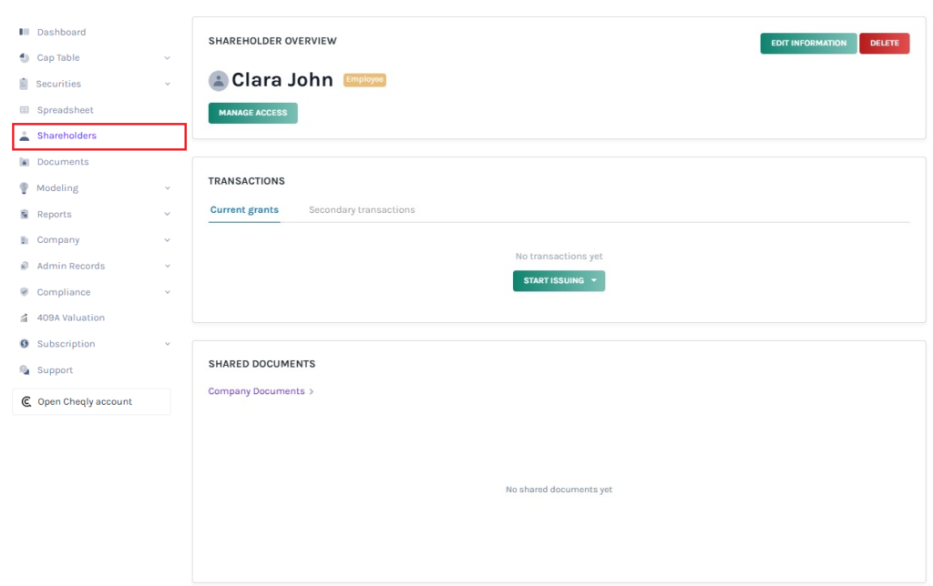 select the shareholder’s name