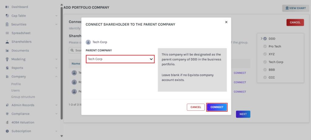 connect shareholder to parent company 
