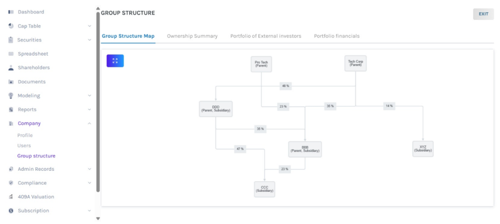 Group Structure Map, Ownership Summary, Portfolio of External Investors, and Portfolio Financials