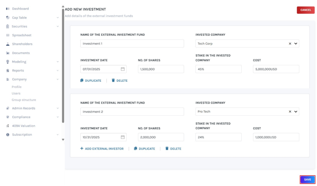 details of existing investment 