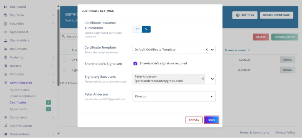 certificate settings 