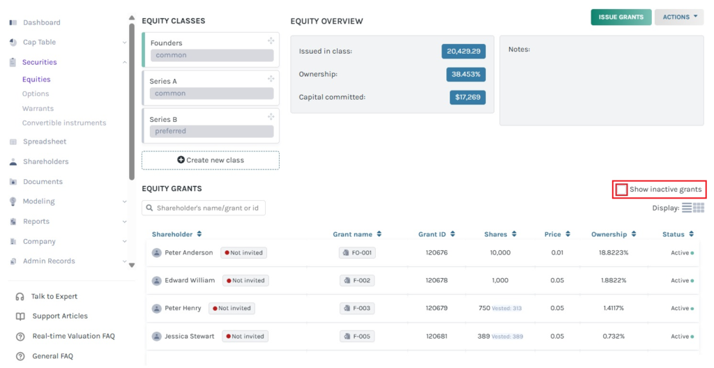 show inactive grants 