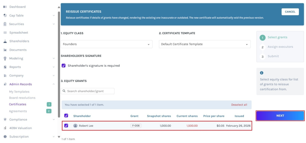  list of grants from the equity class with certificates to reissue 