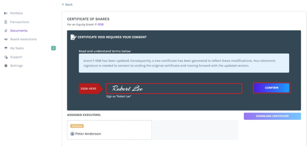  add their signature to give consent to void the certificate 