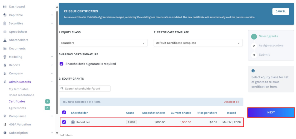 list of grants from the equity class with certificates 