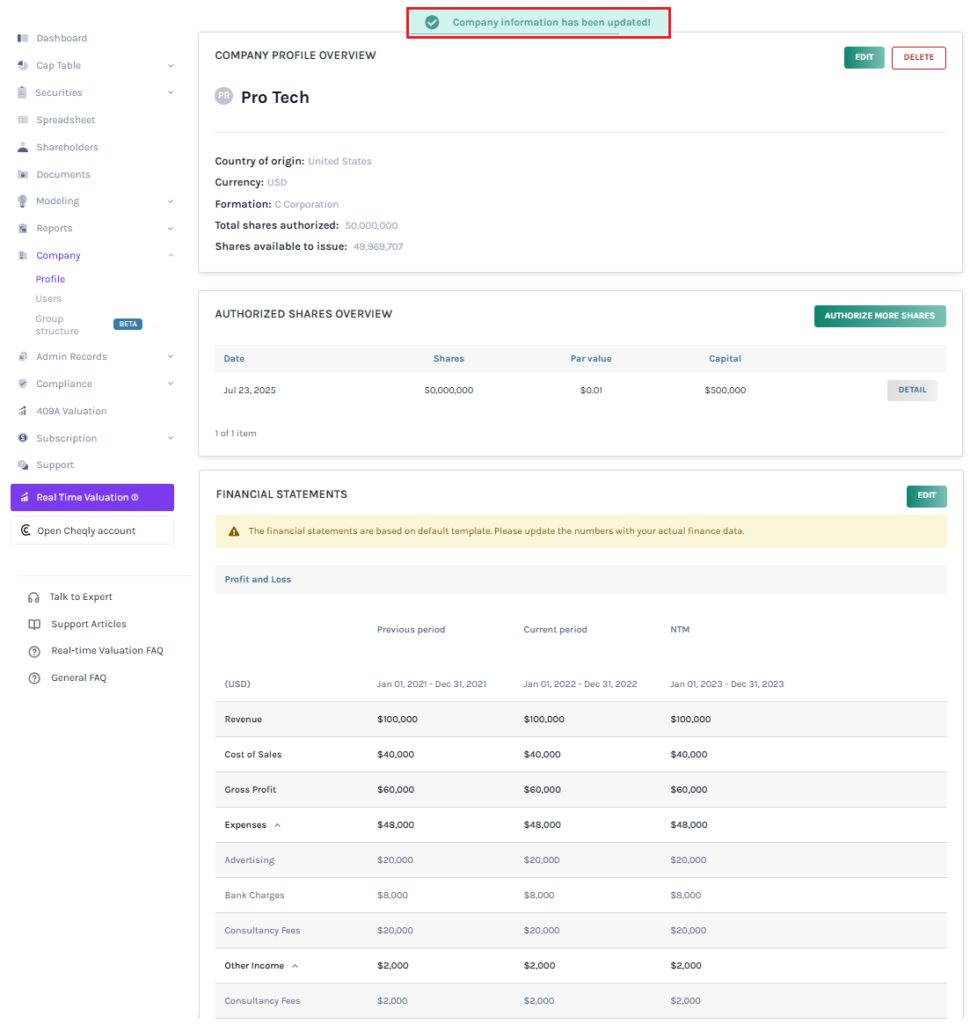  shareholder equity value visibility settings