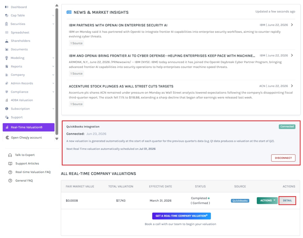 QuickBooks integration displays the status