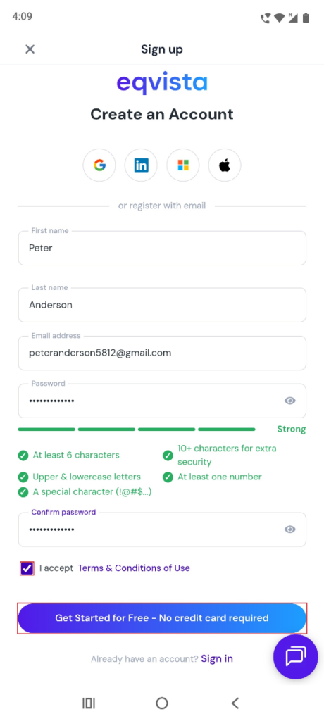 Signup for Eqvista RT Valuation app