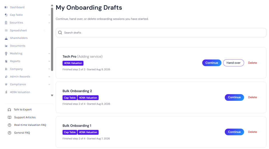 view the onboarding drafts created