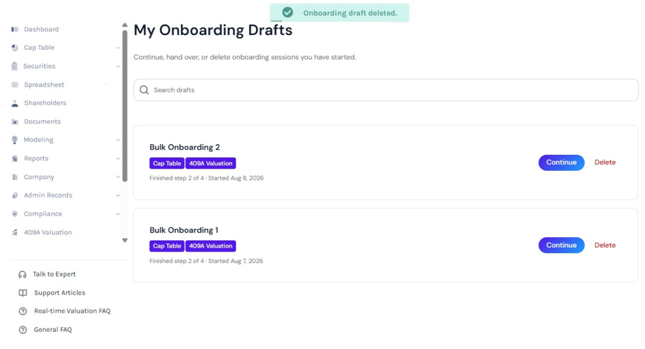 onboarding draft will be removed from the list