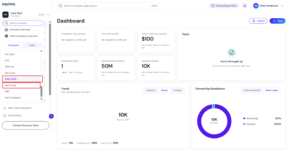 dashboard of the company