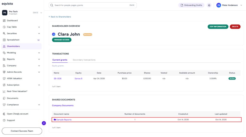 View Shared Folder on Shareholder Overview Page