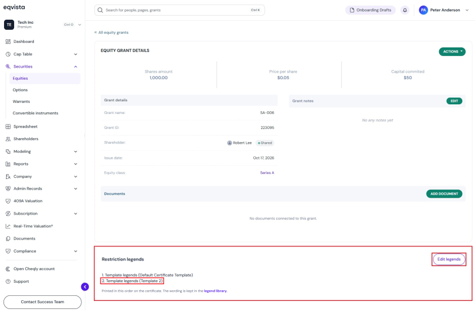 Restriction Legends on Equity Grant Details