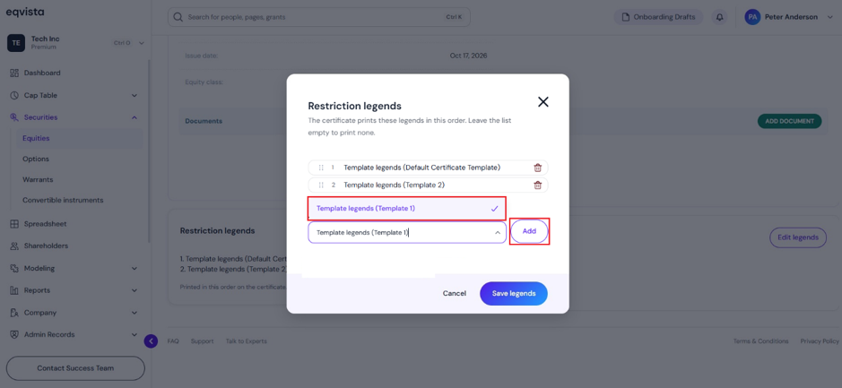 Add Legend to Equity Grant