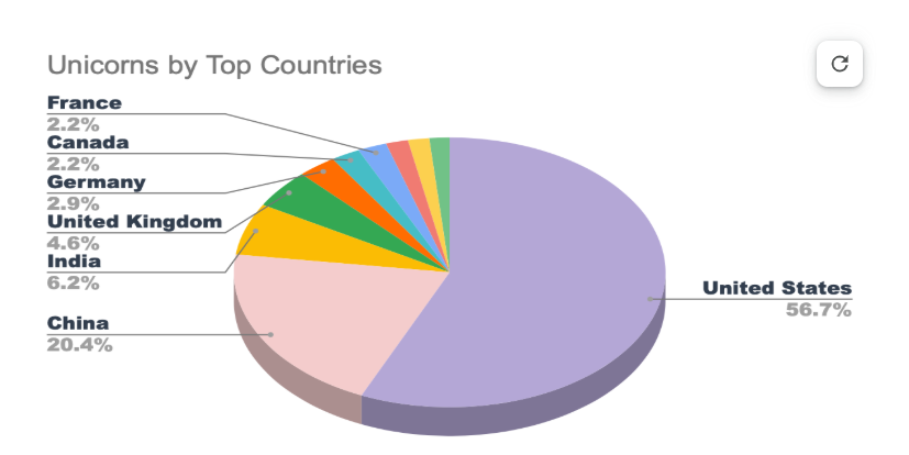 Unicorns by Top 10 Countries