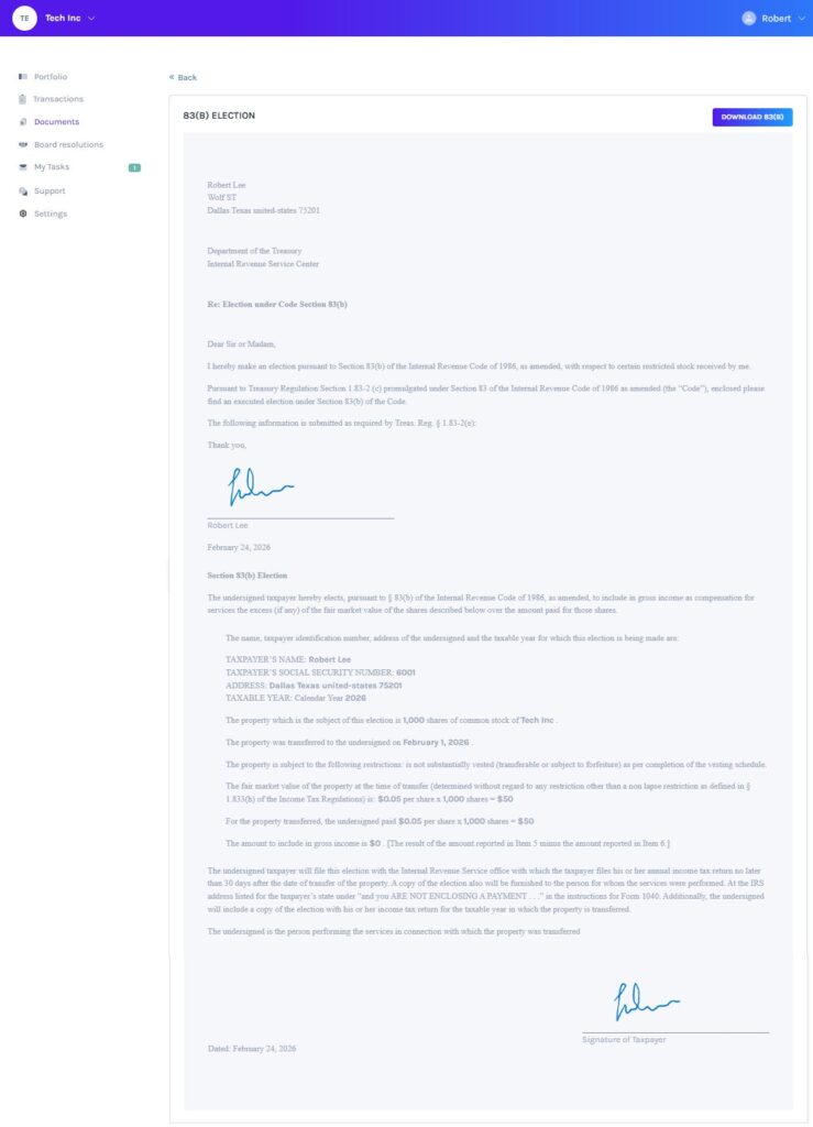 Filing 83(b) Election