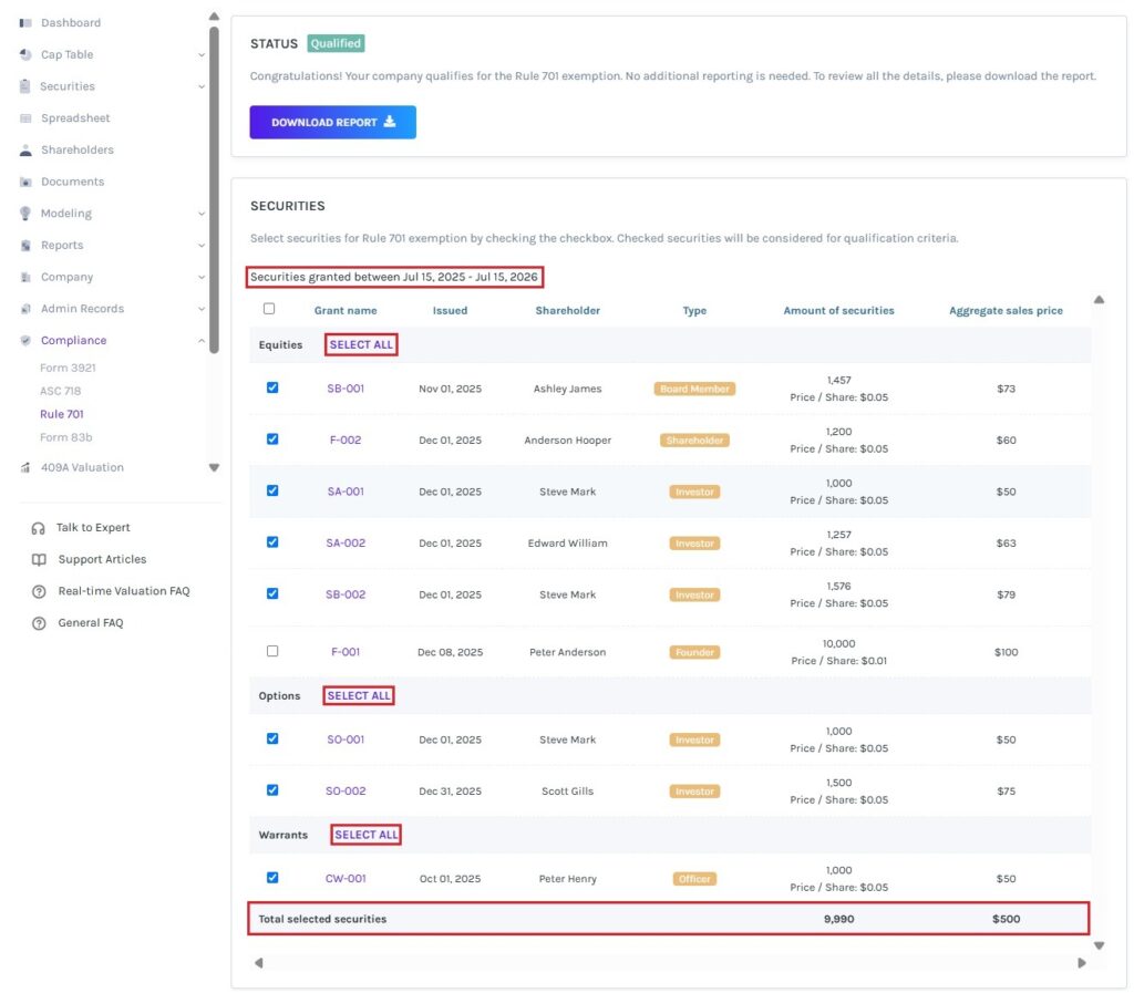 Select the securities to test