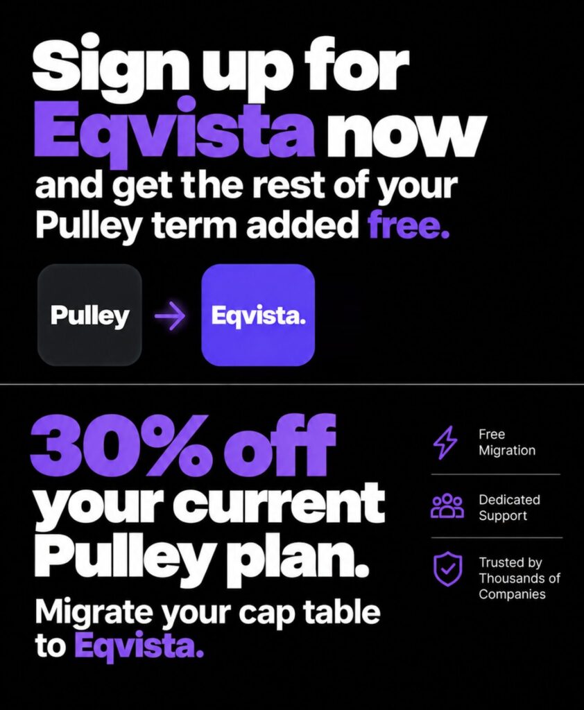 Eqvista offer for Pulley customers: remaining Pulley term added free, 30% off current Pulley invoice, Year-2 price lock, and free white-glove migration
